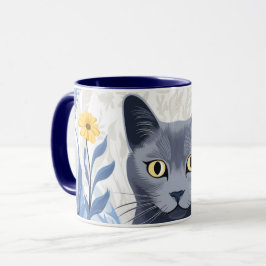 ロシアンブルーの猫と黄色い花 マグカップ