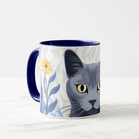 ロシアンブルーの猫と黄色い花 マグカップ (正面左)