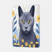 ロシアンブルーの猫と黄色い花 メタルオーナメント (正面左)