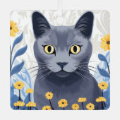 ロシアンブルーの猫と黄色い花 メタルオーナメント (正面)