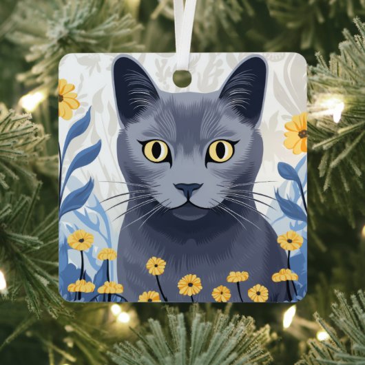 ロシアンブルーの猫と黄色い花 メタルオーナメント (インサイチュ)