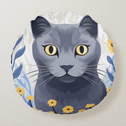 ロシアンブルーの猫と黄色い花 ラウンドクッション (正面)