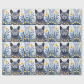 ロシアンブルーの猫と黄色い花 ラッピングペーパー (フラット)