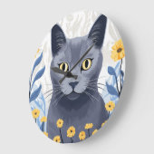 ロシアンブルーの猫と黄色い花 ラージ壁時計 (傾斜)