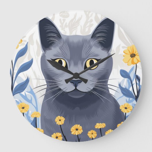ロシアンブルーの猫と黄色い花 ラージ壁時計 (正面)