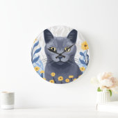 ロシアンブルーの猫と黄色い花 ラージ壁時計 (ホーム)