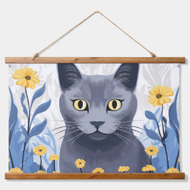 ロシアンブルーの猫と黄色い花 吊り下げ型タペストリー