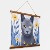 ロシアンブルーの猫と黄色い花 吊り下げ型タペストリー (傾斜あり)