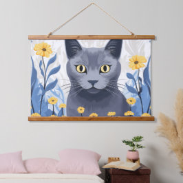 ロシアンブルーの猫と黄色い花 吊り下げ型タペストリー