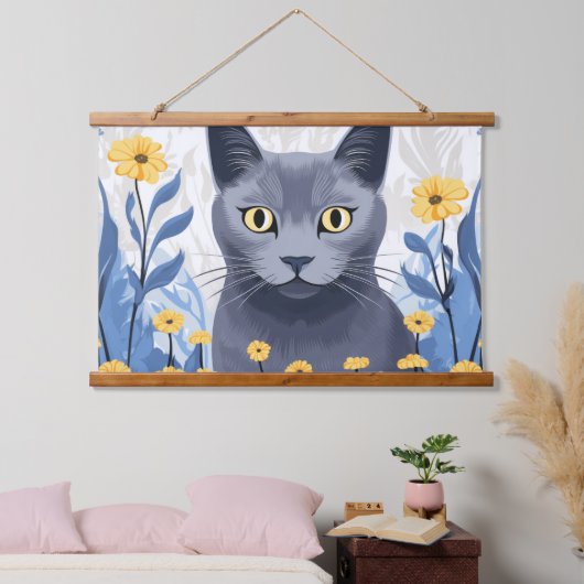 ロシアンブルーの猫と黄色い花 吊り下げ型タペストリー (寝室)