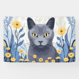 ロシアンブルーの猫と黄色い花 横断幕
