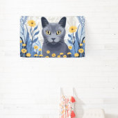 ロシアンブルーの猫と黄色い花 横断幕 (インサイチュ)