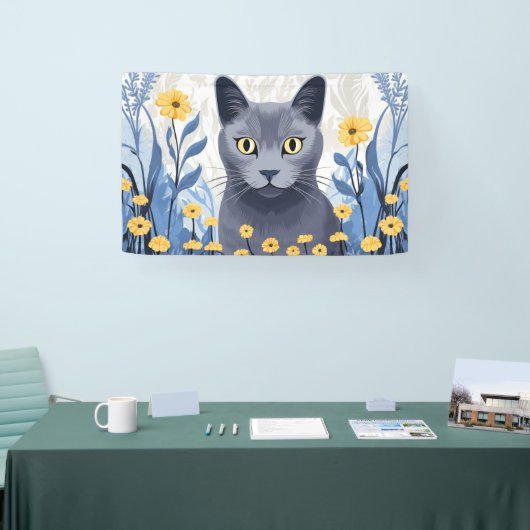 ロシアンブルーの猫と黄色い花 横断幕 (トレードショー)