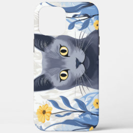 ロシアンブルーの猫と黄色い花 iPhone 12 PRO MAX ケース
