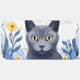 ロシアンブルーの猫と黄色い花 iPhone 12 PRO MAX ケース