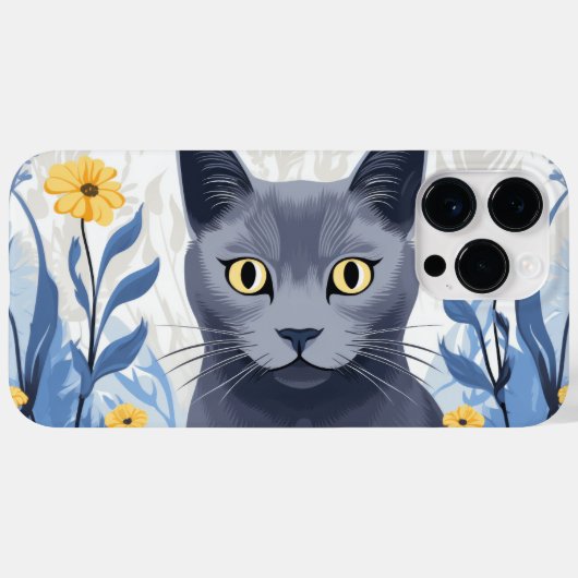 ロシアンブルーの猫と黄色い花 Case-Mate iPhoneケース (裏面 (横))