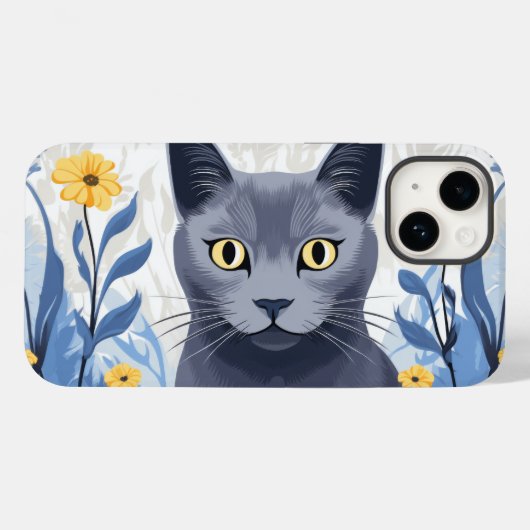 ロシアンブルーの猫と黄色い花 Case-Mate iPhoneケース (裏面 (横))