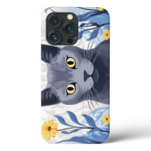 ロシアンブルーの猫と黄色い花