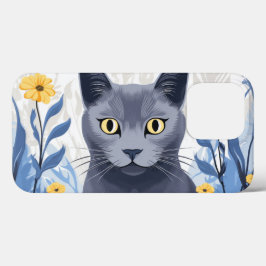 ロシアンブルーの猫と黄色い花 iPhone 13 PROケース