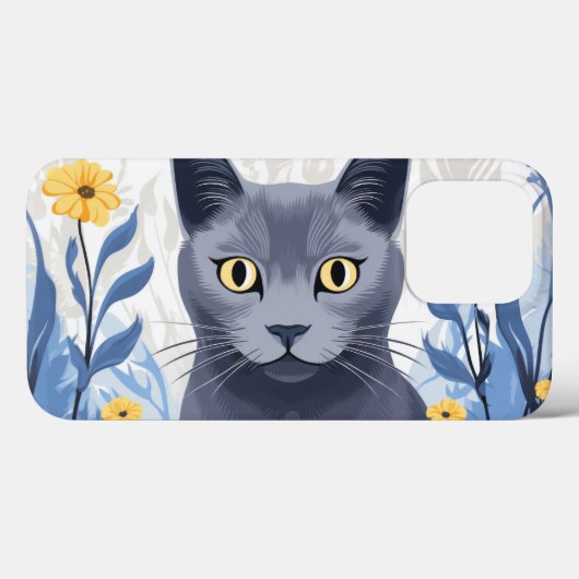 ロシアンブルーの猫と黄色い花 Case-Mate iPhoneケース (裏面 (横))