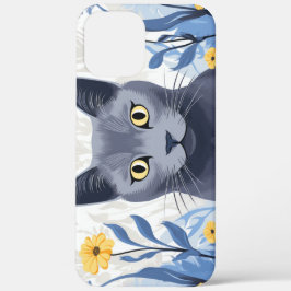ロシアンブルーの猫と黄色い花 iPhone 12 PRO MAX ケース