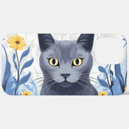 ロシアンブルーの猫と黄色い花 iPhone 12 PRO MAX ケース