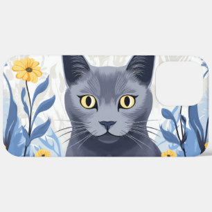ロシアンブルーの猫と黄色い花 iPhone 12 PRO MAX ケース