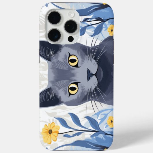 ロシアンブルーの猫と黄色い花 Case-Mate iPhoneケース (裏面)