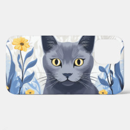 ロシアンブルーの猫と黄色い花 iPhone 12 PROケース