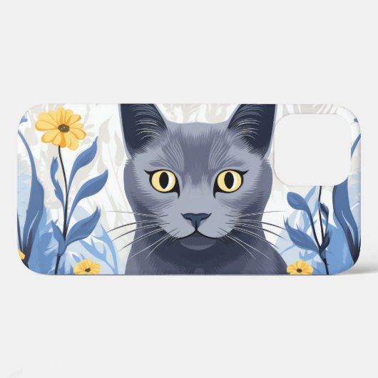 ロシアンブルーの猫と黄色い花 Case-Mate iPhoneケース (裏面 (横))