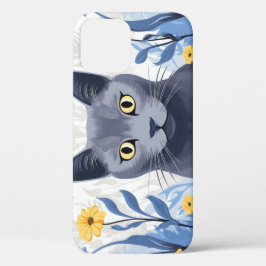 ロシアンブルーの猫と黄色い花 iPhone 12 PROケース