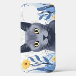 ロシアンブルーの猫と黄色い花 iPhone 12ケース