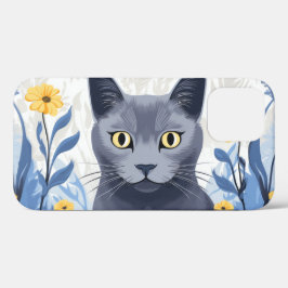 ロシアンブルーの猫と黄色い花 iPhone 12ケース