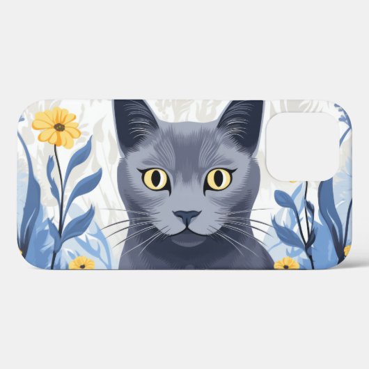 ロシアンブルーの猫と黄色い花 Case-Mate iPhoneケース (裏面 (横))