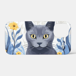 ロシアンブルーの猫と黄色い花 iPhone 12 MINI ケース