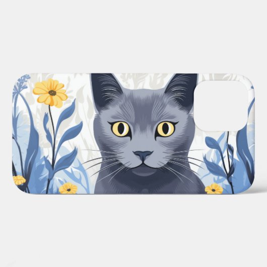 ロシアンブルーの猫と黄色い花 Case-Mate iPhoneケース (裏面 (横))