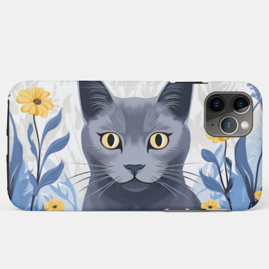 ロシアンブルーの猫と黄色い花 Case-Mate iPhoneケース (裏面(横))