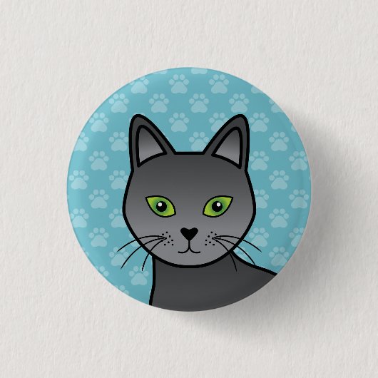 ロシアンブルーの猫のイラスト顔のクローズアップ 缶バッジ (正面)