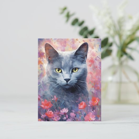 ロシアンブルーの猫のカラフルな水彩画 ポストカード (スタンド正面)
