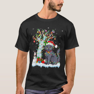 ロシアンブルーの猫のクリスマスイルミネーション ツリー サンタ帽子 Tシャツ