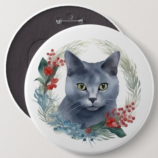 ロシアンブルーの猫のクリスマスリースの可愛い子猫 缶バッジ (正面&裏面)