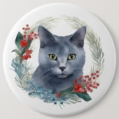 ロシアンブルーの猫のクリスマスリースの可愛い子猫 缶バッジ (正面)