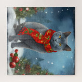 ロシアンブルーの猫のクリスマス雪景色 ジグソーパズル (横)