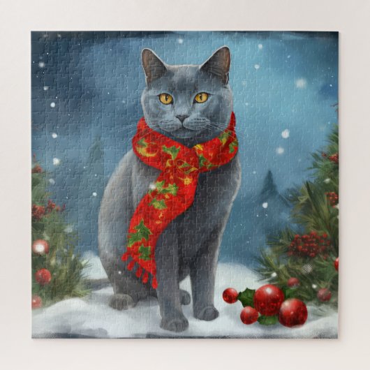 ロシアンブルーの猫のクリスマス雪景色 ジグソーパズル (縦)