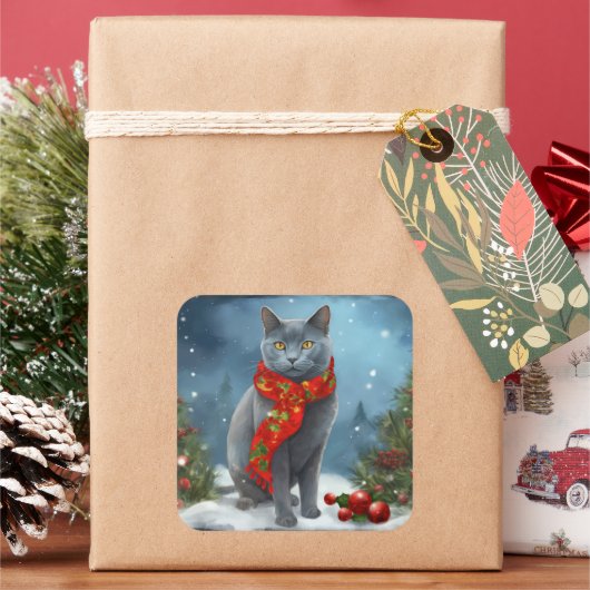 ロシアンブルーの猫のクリスマス雪景色 スクエアシール (クリスマス)