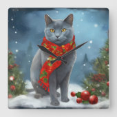 ロシアンブルーの猫のクリスマス雪景色 スクエア壁時計 (正面)
