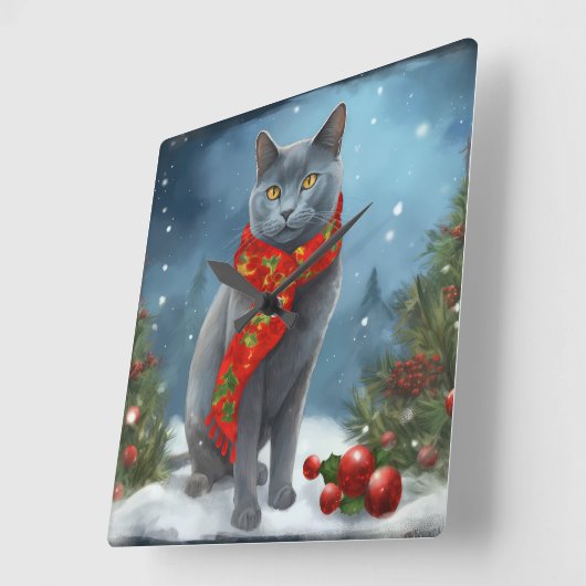 ロシアンブルーの猫のクリスマス雪景色 スクエア壁時計 (傾斜)