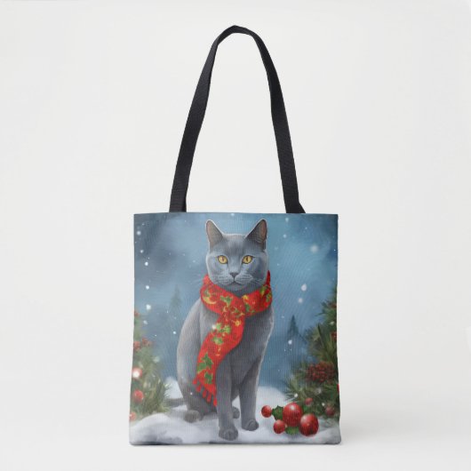 ロシアンブルーの猫のクリスマス雪景色 トートバッグ (正面)