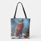 ロシアンブルーの猫のクリスマス雪景色 トートバッグ (裏面)