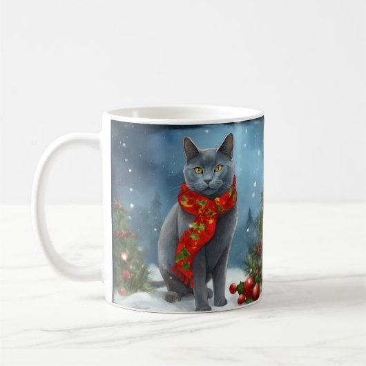 ロシアンブルーの猫のクリスマス コーヒーマグカップ (左)
